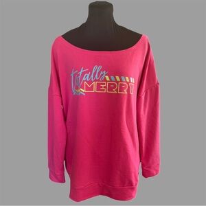 Hot Pink 80s theme Off-Shoulder Sweatshirt with Lettering Design